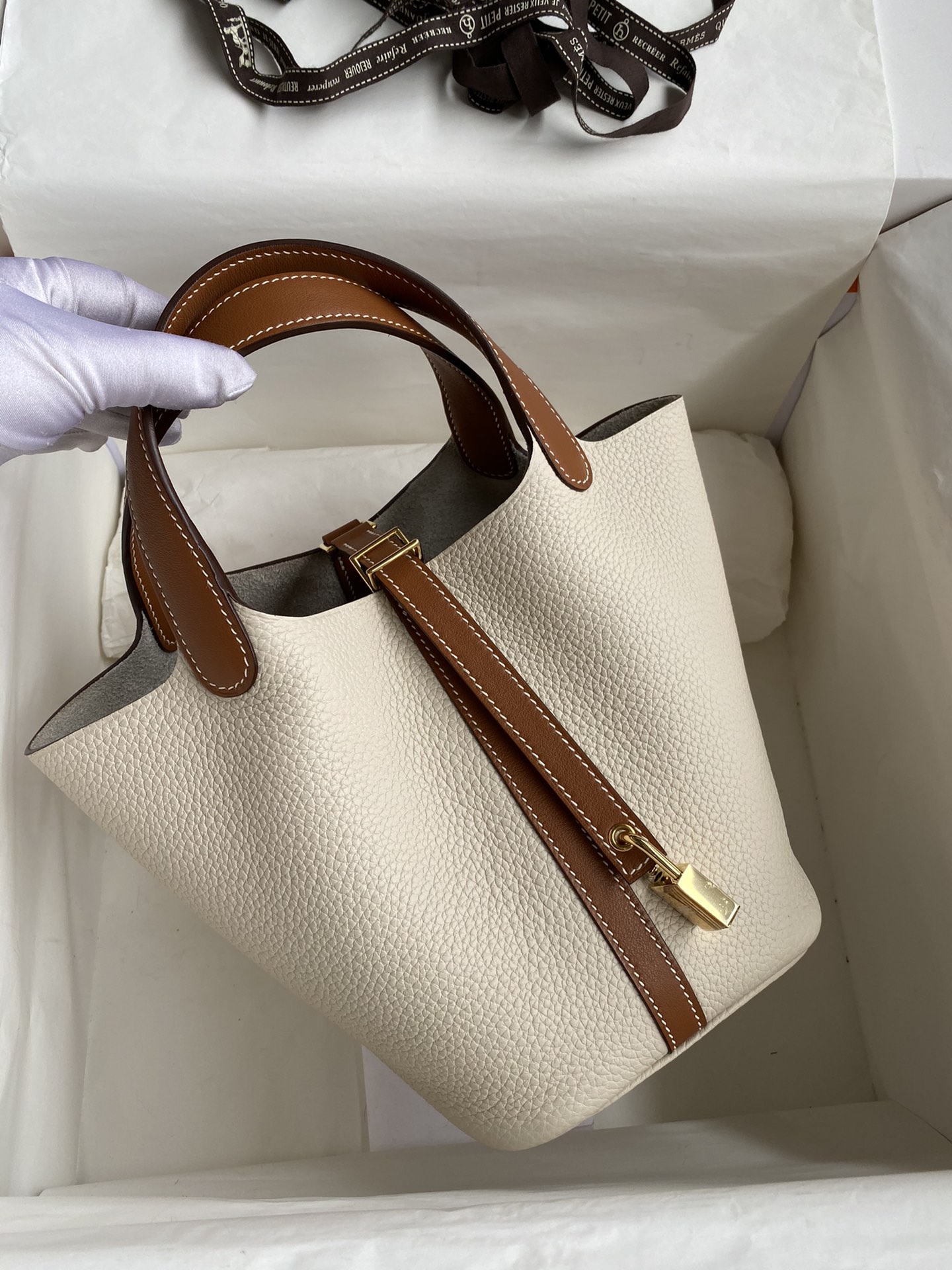 Hermes Picotin Lock 18 Bag In White/Brown Clemence Leather